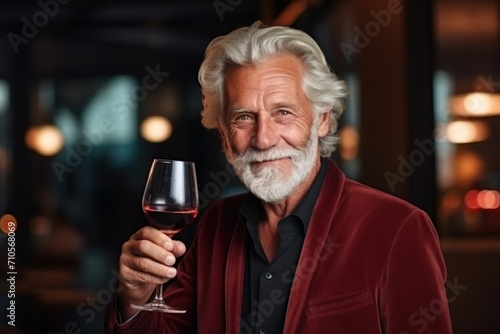 Senior man with glass of wine indoors