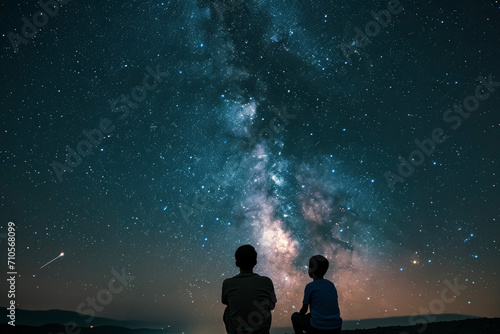 Rear view of a family stargazing under an incredibly beautiful night sky. Lifestyle concept of night view and Milky Way.