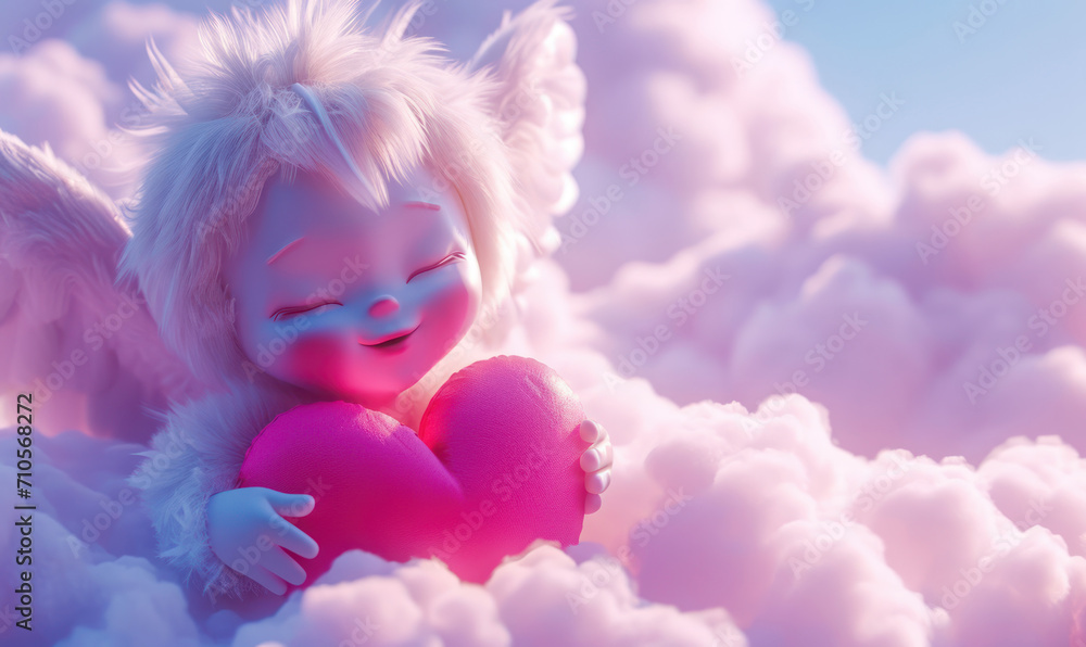 cute cupid character holding  heart surrounded by  clouds