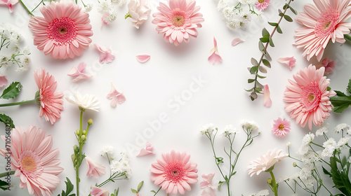 Pink Gerbera Daisy Top View, Soft Floral Arrangement, Pastel Flower Composition,  pink and white flowers, Copyspace for text, Valentine's Day