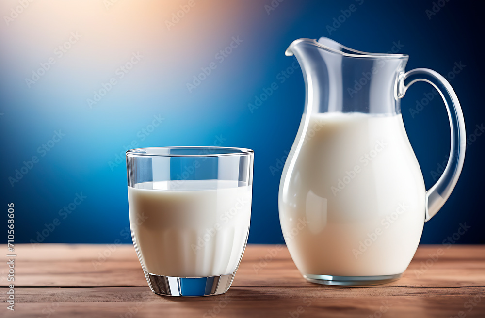 Glass of milk and pitcher on wooden table with blue background Glass of milk and pitcher on wooden table with blue background