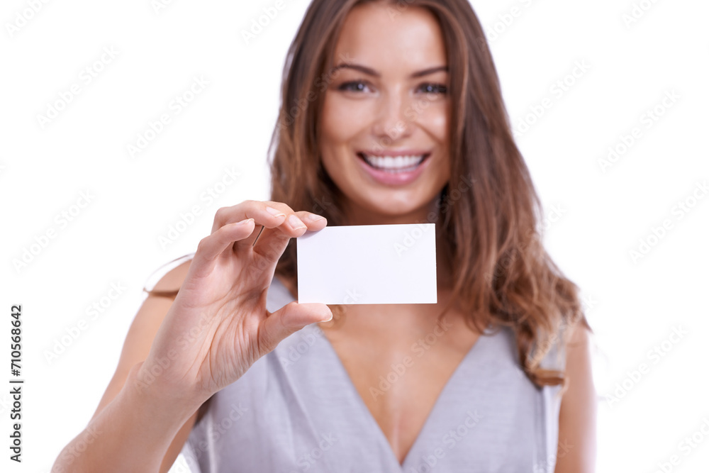 Happy woman, portrait and business card for career advertising or marketing on a white studio background. Face of female person, model or brunette smile with poster, placard or sign on mockup space Happy woman, portrait and business card for career advertising or marketing on a white studio background. Face of female person, model or brunette smile with poster, placard or sign on mockup space