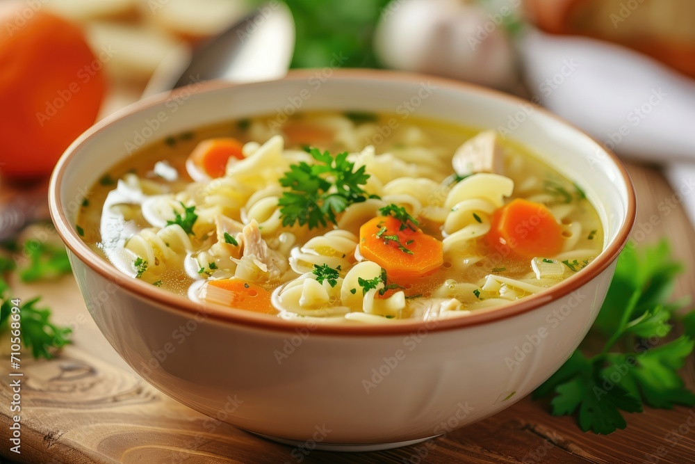 Homemade chicken noodle soup with vegetables and spices in a bowl. Healthy food concept Homemade chicken noodle soup with vegetables and spices in a bowl. Healthy food concept