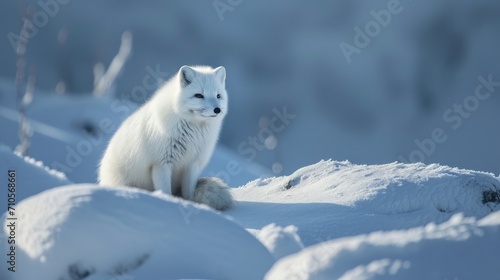 Arctic fox in snow habitat  winter landscape.