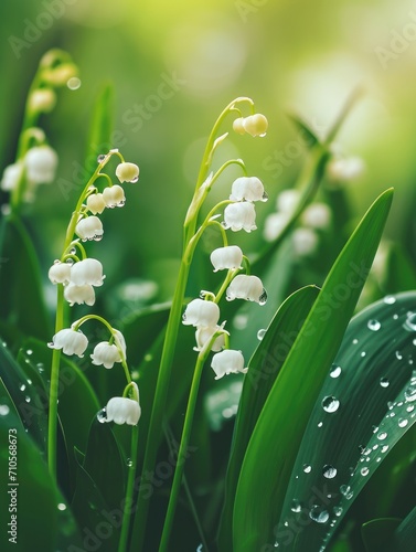 White lily of the valley flowers. Convallaria majalis forest flowering plant with raindrops.