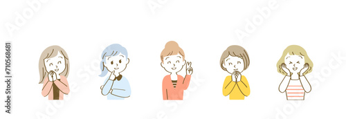 吹き出しセリフが似合うポジティブな表情の30代女性アイコンセット/横長/カジュアル/フルカラー
