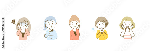 吹き出しセリフが似合うネガティブな表情の30代女性アイコンセット/横長/カジュアル/フルカラー
