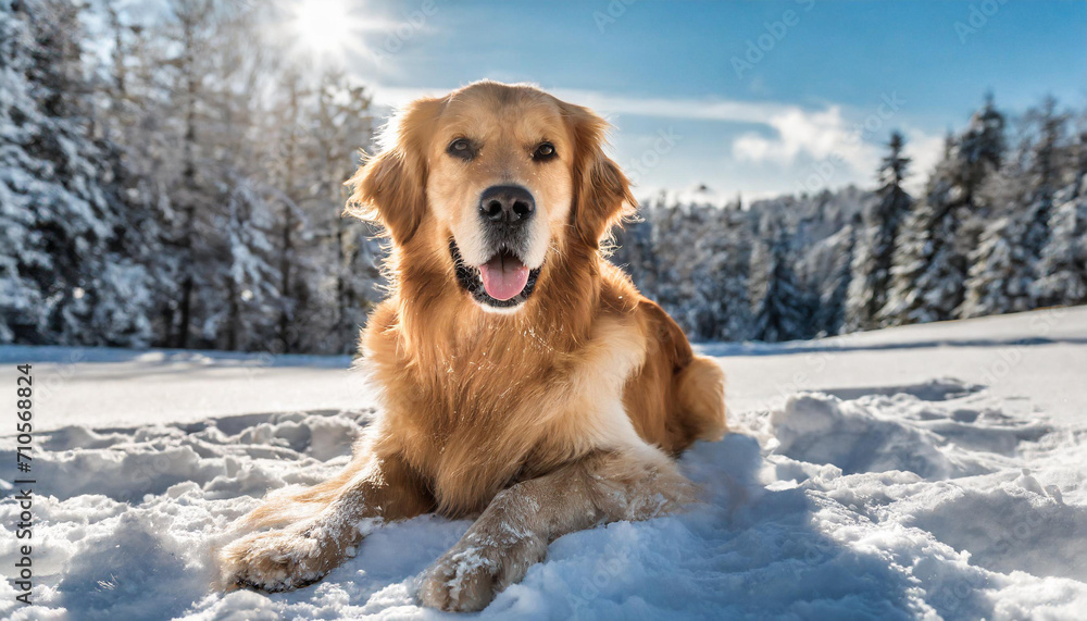 A golden retriever in the snow in a sunny day