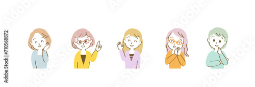 吹き出しセリフが似合うポジティブな表情の40代女性アイコンセット/横長/カジュアル/フルカラー
