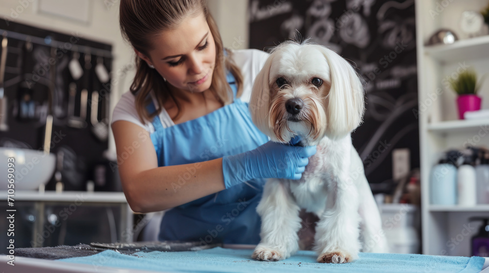 Professional groomer cuts and styles the hair of a small smiling dog. Cute dog in a grooming salon or veterinary clinic. Care concept, home pet. Professional groomer cuts and styles the hair of a small smiling dog. Cute dog in a grooming salon or veterinary clinic. Care concept, home pet.