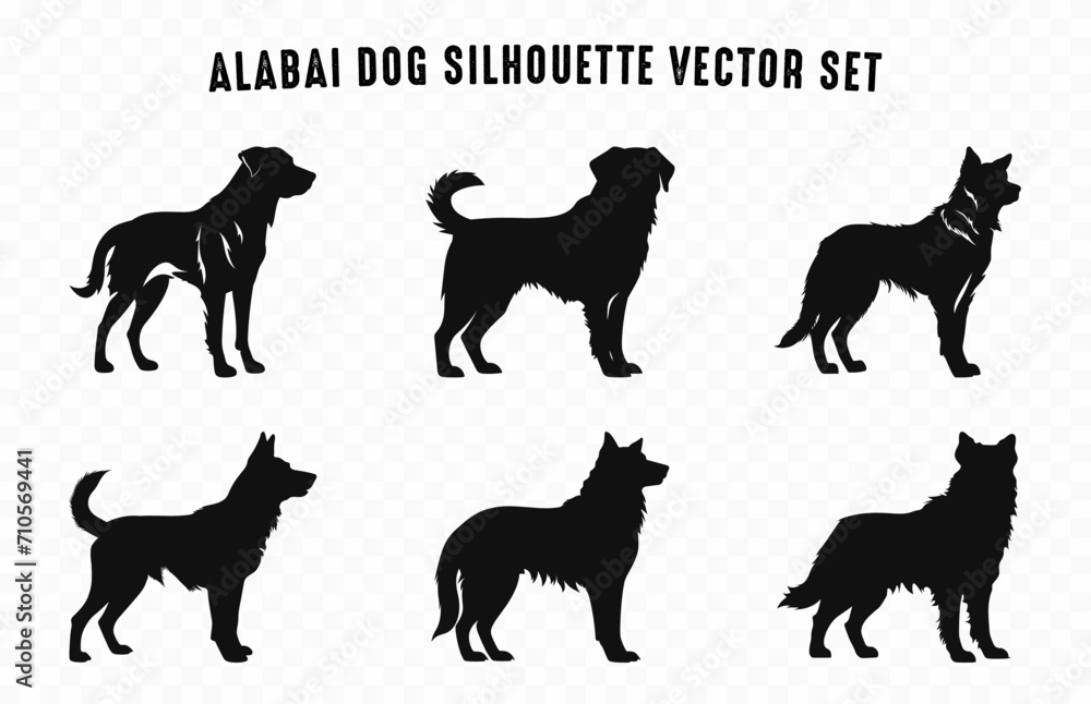 Alabai Dog Silhouettes vector Set, Dogs breed Black Silhouette Bundle