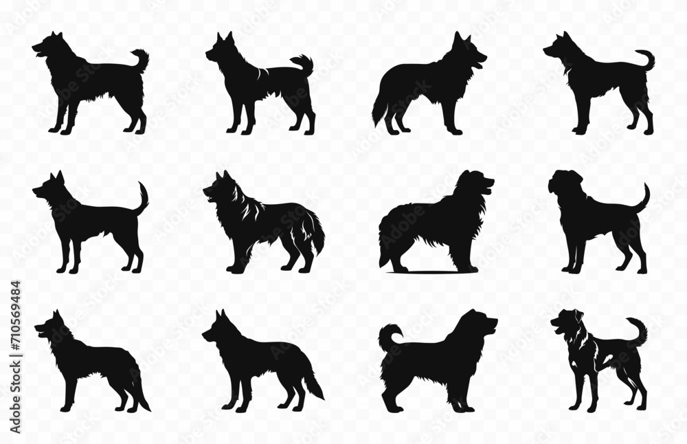Alabai Dog Silhouettes vector Collection, Dogs breed Black Silhouette Set