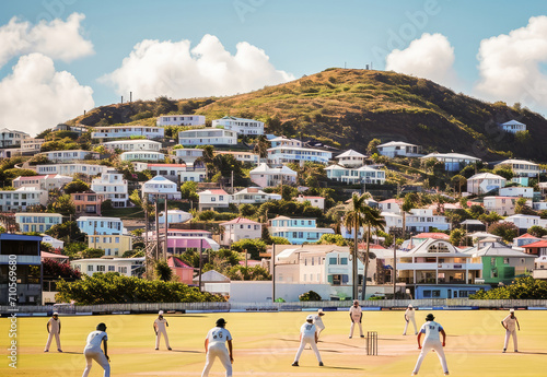 A sunny cricket game with players on the field, set against a backdrop of colorful hillside houses and a blue sky. photo