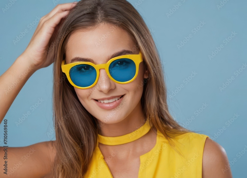 Portrait beautiful model smiling woman in yellow glasses, white teeth, healthy hair and beauty skin on blue background. Generative AI Portrait beautiful model smiling woman in yellow glasses, white teeth, healthy hair and beauty skin on blue background. Generative AI
