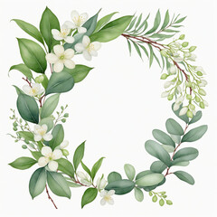 Floral Watercolor Wreath with Eucalyptus and Jasmin Flowers