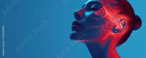 3d render illustration of female face with red inflammated nasal, ear and throat area on blue background, otolaryngology clinic concept. photo