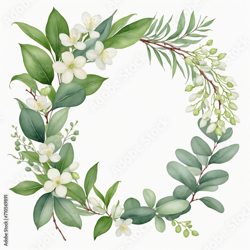 Floral Watercolor Wreath with Eucalyptus and Jasmin Flowers