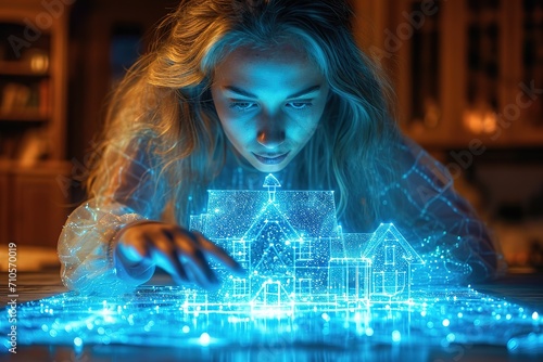 woman touching holographic house on the table, in the style of photo-realistic landscapes, dark cyan, neo-academism, cabincore, photo-realistic hyperbole