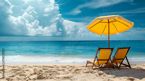 Two sun loungers under the yellow umbrella on the beach. Vacation sunny photo with clouds in the sky. High-resolution