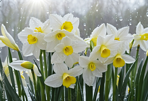 Nurturing white and yellow daffodils with spring rain and sunshine.embracing the beauty of nature's cycle. © SR07XC3