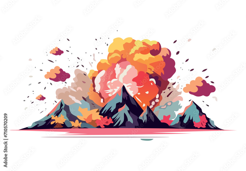 Volcanoes of colorful set. This artwork showcases design of a volcanic ...