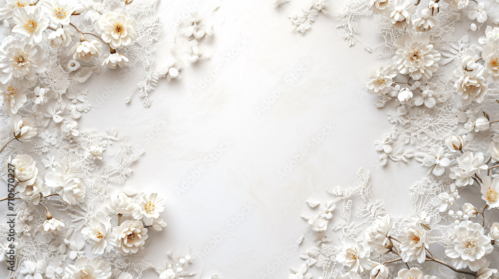 Ivory Floral Lace Frame, White Flowers on Textured Background, Elegant Wedding Lace Detail, Copyspace Ivory Floral Lace Frame, White Flowers on Textured Background, Elegant Wedding Lace Detail, Copyspace