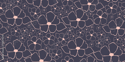 Simple seamless floral pattern of hand drawn anemone flowers on a dark blue background. Decorative print for children's textiles and wrapping paper.