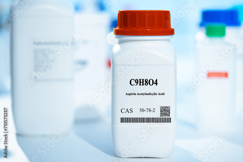 C9H8O4 aspirin acetylsalicylic acid CAS 50-78-2 chemical substance in white plastic laboratory packaging photo