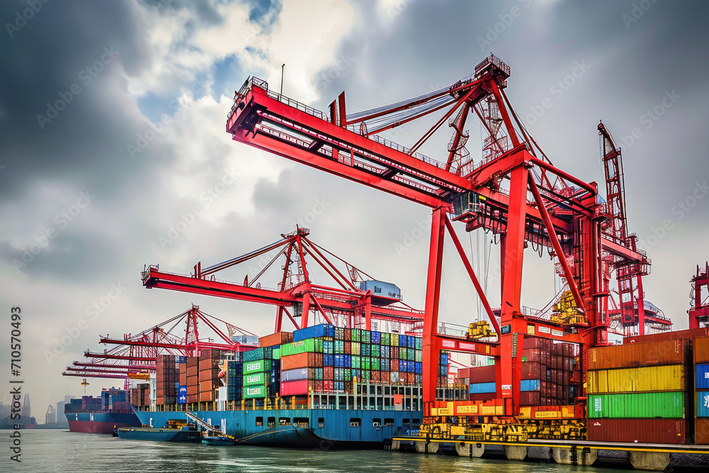 Colorful container cargo at a busy industrial port with cranes and maritime vessels, symbolizing global trade and logistics.