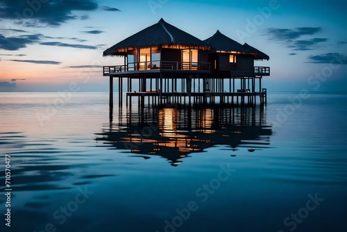 The serene beauty of an overwater bungalow standing alone in twilight, its stilts casting an intricate reflection on the glassy ocean, creating a serene and tranquil scene.