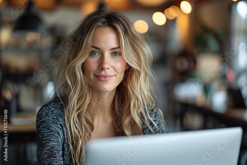 woman working for a company on the computer with one hand on her laptop computer, romantic academia, high quality photo, talbot hughes, smilecore, sterling silver highlights, energetic gestures photo