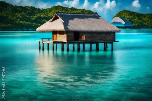 A solitary overwater bungalow  its thatched roof glinting in the sunlight  against the backdrop of a serene  azure sea. The reflection dances on the tranquil water  creating a mesmerizing scene.