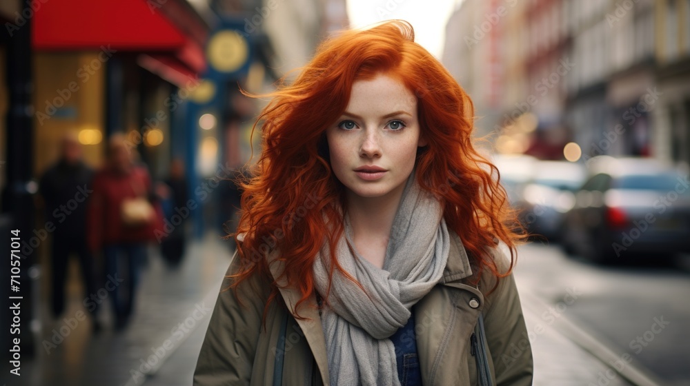Young red hair plus size woman in the street