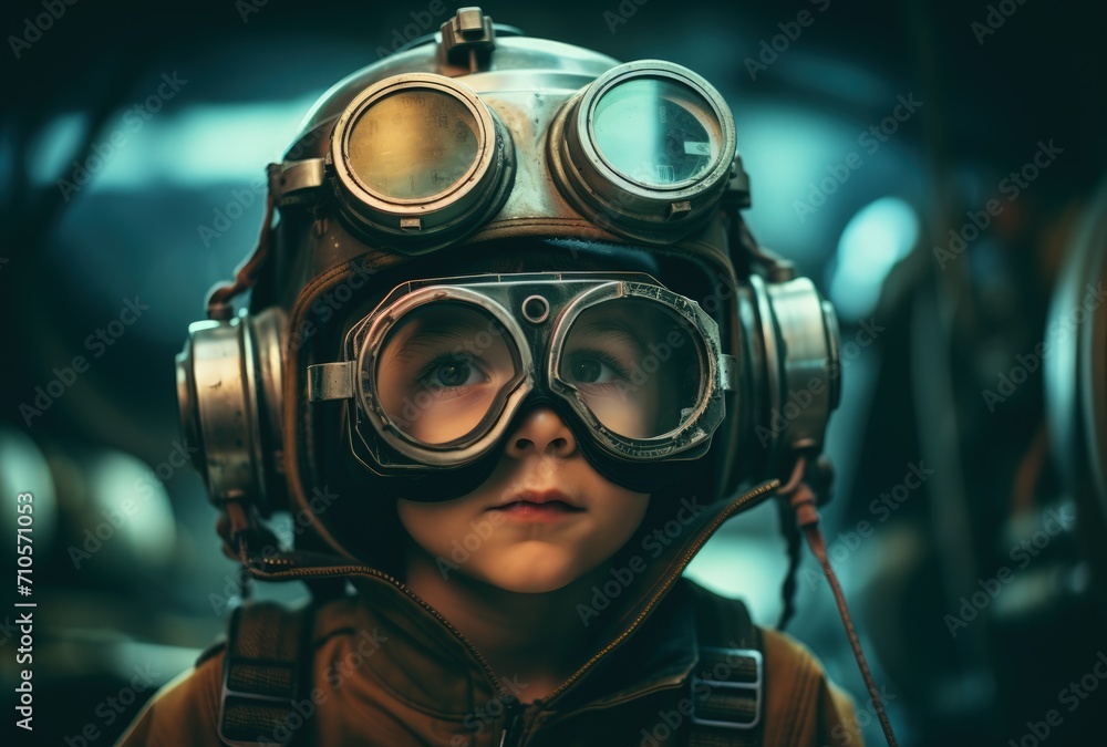 Young Boy Wearing Gas Mask and Goggles