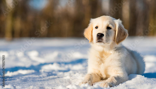 A happy golden retriever puppy in the snow in a sunny day