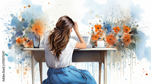 Fototapeta Naklejka Na Ścianę i Meble -  watercolor illustration, back view of designer woman working on a laptop, on a work desk