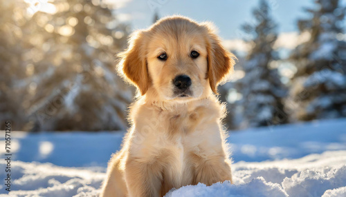 A happy golden retriever puppy in the snow in a sunny day