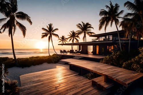 A serene beachfront home with a wooden deck, surrounded by swaying palm trees and offering a picturesque view of the sunset over the ocean.