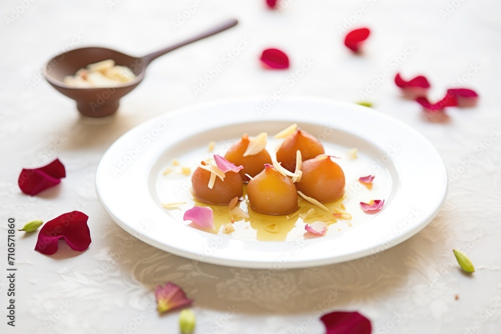 gulab jamun on white plate with rose petals gulab jamun on white plate with rose petals