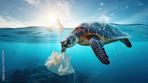 Turtle Swimming With Plastic Bag in Ocean