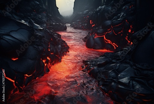 Lava Stream Flowing Through Cave