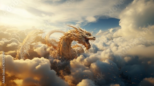 Golden chinese dragon flying on the blue cloudy sky, Fantasy dragon illustration, Chinese new year concept, Year of the Dragon