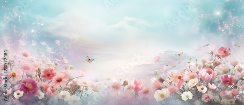 Spring ultra wide background, colorful flowers, butterflies, soft light, for banners or wallpapers © IonelV