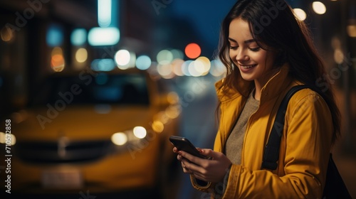 Young woman calling a taxi using a smartphone