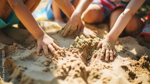 Children playing with sand on the beach. Selective focus. nature. Sandbox. Childhood Concept with a Copy Space.	