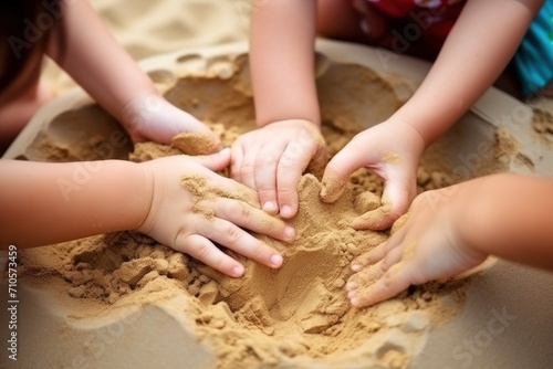 Children's hands in the sand. Selective focus. nature. Sandbox. Childhood Concept with a Copy Space. 