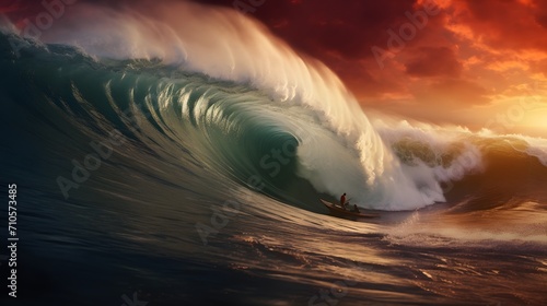 A Surfer Riding a Massive Wave at Sunset © Ziyan Yang