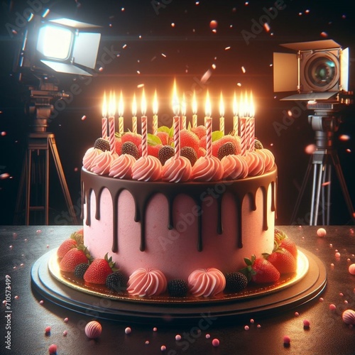  an illustrative masterpiece showcasing a birthday cake against a trendy black background