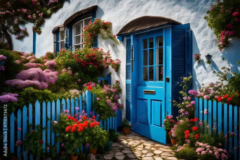 A cozy seaside home with a blue door and shuttered windows, nestled amidst a garden of vibrant blooms and offering glimpses of the sea beyond.