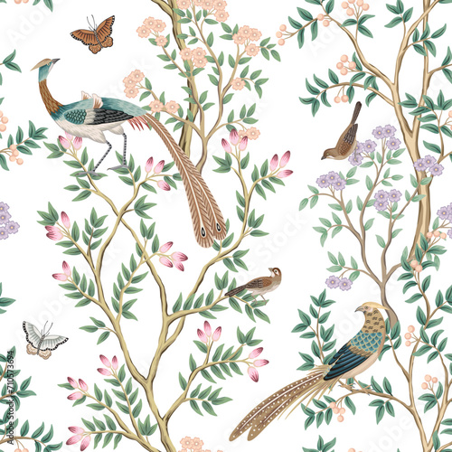 Vintage botanical garden tree, Chinese birds, butterfly floral seamless pattern. Exotic chinoiserie wallpaper.